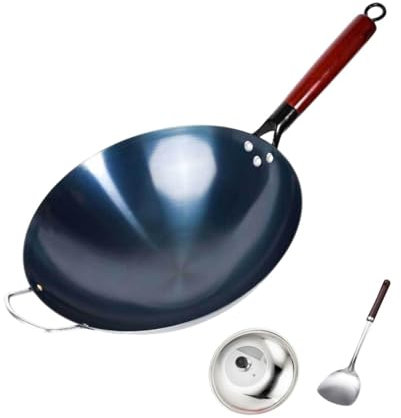 Folpus Padella Wok Antiaderente Wok bollente Cucina induzione, sapetee, Gas, Rivestimento Antiaderente Generale con Padella di Padella di Ferro, 34cm