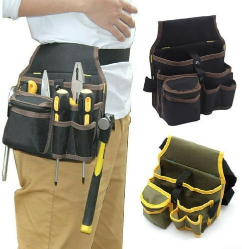 Bolsa de herramientas con cinturón de cintura, tela Oxford 600D gruesa para cinturón de herramientas, bolsa de herramientas resistente para carpintería de electricista (negro y marrón)