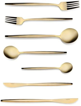 Karaca Orion - Set di posate dorate per 12 persone, lavabili in lavastoviglie, 84 pezzi, colore: oro
