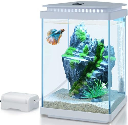 PYPABL Kit Aquarium en Verre 4L, Réservoir Betta, Kit De Démarrage pour Mini Aquarium, avec Pompe à Air, LumièRe LED, Filtration, Décoration, Changeur d'eau (Blanc)