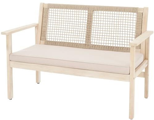 di volio Gartenbank FSC-Akazienholz 120 cm wetterfest Outdoor Holz Teracina | Polypropylenseil, 6 cm Sitzkissen, abnehmbarer Bezug, ergonomische Armlehnen, UV-beständig, bis 240 kg belastbar
