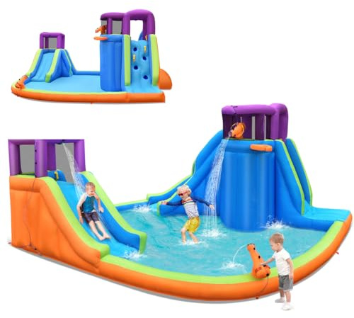 COSTWAY Château Gonflable avec 2 Toboggans & Grande Piscine, Parc Aquatique avec Pistolets à Eau & Mur d’Escalade & Panier de Basket, Aire de Jeux Gonflable pour 3 Enfants de 3-10 Ans