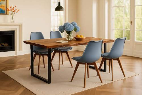 SAM 5-TLG. Essgruppe Quinn | Esstisch mit 4 Stühlen | 120x80 cm | Esstisch mit echter Baumkante | Akazienholz massiv + Nussbaumfarben | U-Gestell Schwarz | 4X Schalenstuhl Grau