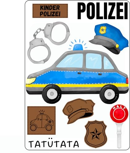 Bügelbild Set Polizei für Textilien Kinder – Aufbügler mit Polizeiauto,Tatütata,Schriftzug,Abzeichen&mehr – DIN A5, Einschulung,Geburtstag,T-Shirt,Beutel,DIY,Kitastart,Geschenk,Rucksack