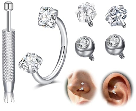 VFUN 18g Internal Thread Horseshoe Nose Ring Septum Piercing with Diamond Replacement Tops Stainless Steel 8mm Hypoallergenic Nostril Jewelry for Women Men