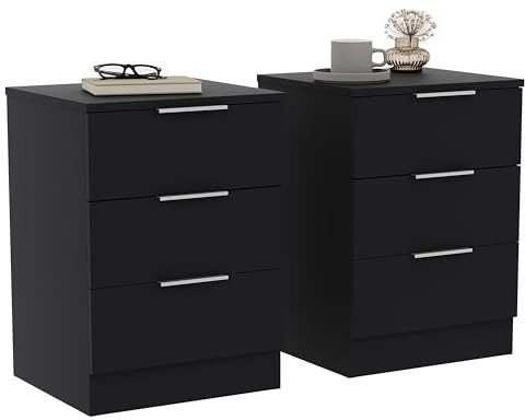 Vida Designs Trega - Juego de 2 mesitas de noche compactas con 3 cajones, 50 x 39 x 28 cm, madera de ingeniería, cajones deslizantes, asas plateadas, ideal para dormitorio y habitación de invitados