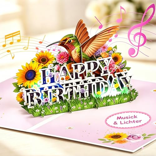 Geburtstagskarten mit Musik und Lichteffekten, 3D-Pop-up-Karten | mit Kolibri und Blumen, Sträuße aus konservierten Blumen für Damen, Geschenke für Frauen, Geschenk
