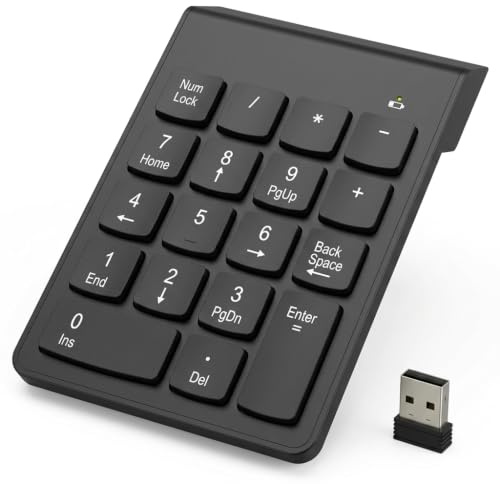 Wireless Numeric Keypad with USB Receiver, 2.4G Plug and Play 18 Keys Numpad Portable External Number Pad for Laptop Notebook Desktop PC, Office Spreadsheets, Data Entry and Accounting Work (Black)