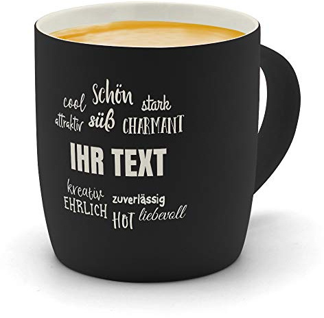 printplanet® - Kaffeebecher mit eigenem Text graviert - SoftTouch Tasse mit Wunschtext - Matt-gummierte Oberfläche - Farbe Schwarz - Motiv: Positive Eigenschaften
