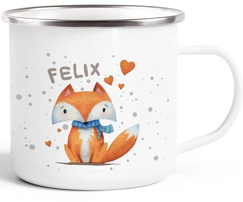 SpecialMe® Emaille-Tasse mit Namen Namenstasse mit Fuchs für Kinder Mädchen Jungen Weiss-metall unisize