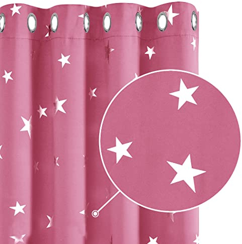 Deconovo Blickdichte Vorhänge Thermogardinen Kälteschutz gardinen Fenster Sonnenschutz Vorhänge Modern mit Muster Sterne, 180x140 cm(HöhexBreite), Rosa, 2er Set