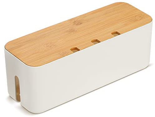 Cable Tidy Box, Larger Cables management box, with Bamboo Lid Cables Organised Box Includes Cable Ties Reusable Straps for Hiding Messy Cables Wire Management 14.2x 5.1x 5.1