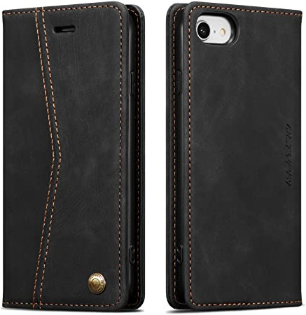 QLTYPRI Hülle für iPhone 7/8/SE 4,7 Zoll, Leder Klapphülle, Retro Schwarz | Vintage PU Leder Hülle, Handyhülle mit 2 Kartenfächer, Standfunktion, Weicher TPU-Rahmen, Stoßfeste Flip Wallet Case