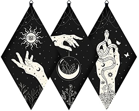 CRASPIRE Decorazioni da Parete in Legno Boho 3 pz Tavola A Pendolo in Legno Nero Mano Sole Occhio Luna Serpente di Cristallo Ornamento da Appendere alla Parete Rombo Decorazione da Parete