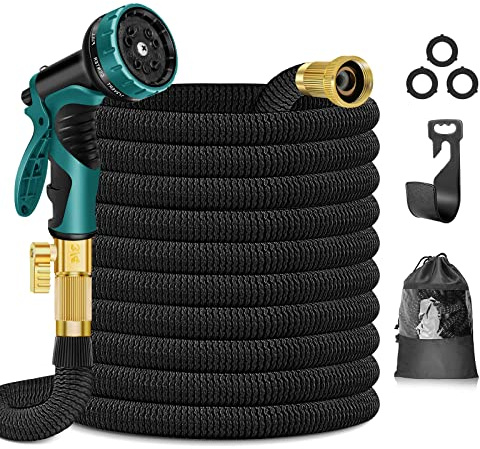 HOHAOO Gartenschlauch, 30 m, Gartenschlauch mit 10 Modi, Spritzpistole und massiven Messinganschlüssen, flexibler Schlauch, erweiterbarer Gartenschlauch, schwarz, 30 m