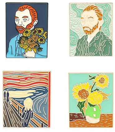 ZoTuoART Van Gogh Emaille-Brosche Edvard Munch Apparel Pin Anstecknadel – berühmte Kunstwerke Broschen und Anstecknadeln, Schmuckabzeichen für Kleidung, Tasche, Hüte (4 Stück)