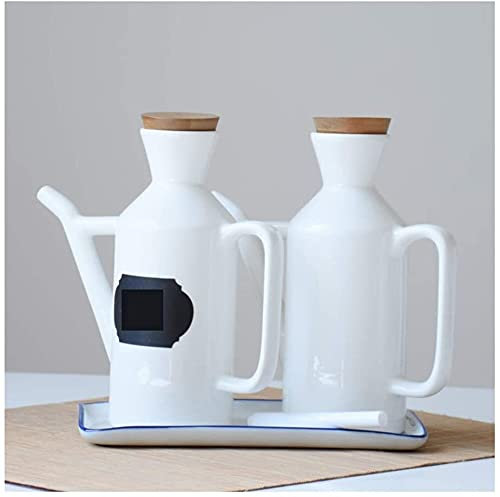 TONZN Vinegar Bottle Anti-Leakage, CeramicDispenser set 280ml, Pure White Dinner Liquid Cruet with Pouring Spout Wooden Bottle Cap Dust Proof (2set)
