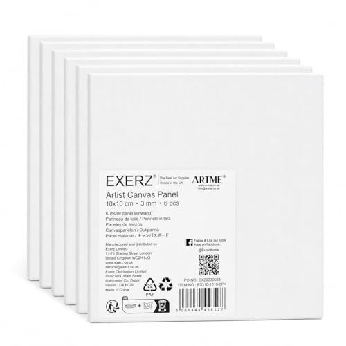 Exerz 10x10cm Malkarton 6 stk - Weiße Leinwandpanel 0.3cm dick 280GSM 100% Baumwolle - Kunstleinwandtafel für Acrylfarben, Ölfarben - Dreifach Grundiert/Ohne Säure/Mittelkörnig