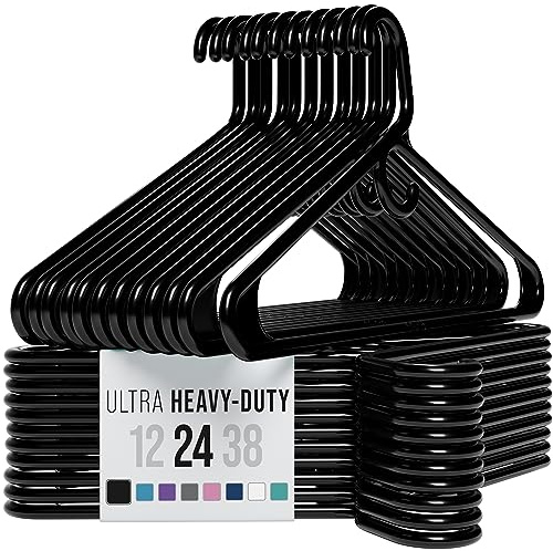 NEATERIZE Thick Heavy Duty Hangers - Black Plastic Clothes Hangers 24 Pack - Great for Coat Hanger, Jackets Jeans & Suit Hanger for Closet - New Apartment Essentials Percheros Ganchos para Colgar Ropa