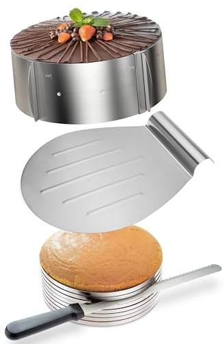 Menz Tortenzubehör - 4-teiliges Set Torten Schneidehilfe aus Edelstahl, Kuchenschneidehilfe Set mit Tortenboden Schneidehilfe Ring, Konditormesser, Tortenheber, Tortenring verstellbar hoch 8,5 cm