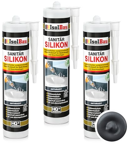 Isolbau Sanitär Silikon 3 x 300 ml Anthrazit - Hochelastischer Silikon-Dichtstoff für Abdichtungen & Fugen - wasserdicht - Kartusche