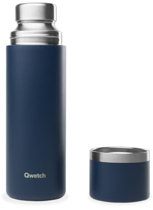 Qwetch - Thermoskanne Edelstahl 750ml Marineblau - Isolierflasche & Thermosflasche mit recyceltem Edelstahlbecher - 24h kalt & 12h heiß - Auslaufsicher, BPA-frei & perfekt für Kaffee und Tee