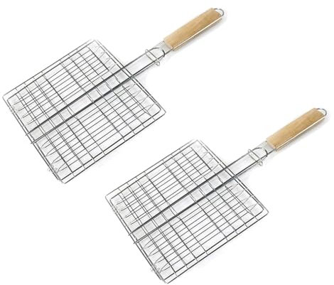 Wisafory 2 Stück Grillkorb Edelstahl Fischbräter BBQ Grillrost Fischhalter Grillhalter Fisch Grill Basket mit Holzgriff Tragbares Grillkorb Grillzubehör für Fisch, Gemüse, Fleisch