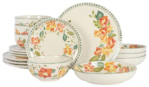 Bloomhouse Cassia Bud 16 Piece Double Bowl Hand Painted Stoneware Plates and Bowls Floral Dinnerware Set