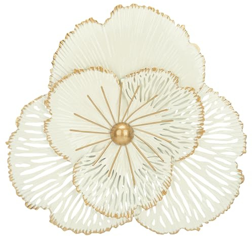 Oairse Set of 3 Magnolia Metal Flower Wall Art Decor, 3D Floral Sculptures Modern Wall Décor Rustic Metal Flower Wall Hanging for Living Room Bedroom Kitchen Office Café Wall Decoration - White Gold