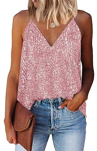 AirMood Damen Sexy Tank Top mit V-Ausschnitt, Glitzer Schimmer Weste, Pailletten Oberteile, rose, S