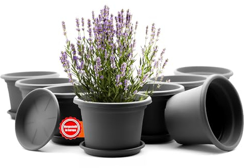 BigDean 8X Blumentopf mit Untersetzer rund ø 25 cm Anthrazit wetterfest | wetterfester Pflanzkübel Made in Europe