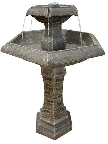 Köhko® Hexagon Eleganz Gartenbrunnen mit LED Beleuchtung, Wasserfall, Vogeltränke, Gartendeko, Springbrunnen
