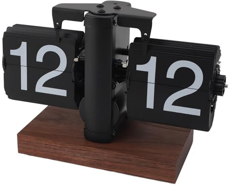Fdit 24-Stunden-Schreibtisch-Klappuhr, Automatische Klappuhr Im Retro-Vintage-Design, Basis aus Schwarzem Walnussholz, Wecker mit Großen Zahlen, rutschfeste Pads, Einstellbare Zeit,