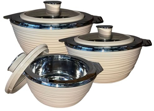 M1SS Set of 3 Insulated Hot Pot Casserole Serving Dish with Lockable Glass Lid – Double Wall Stainless Steel, Hot & Cold Food Storage (1000ml, 1500ml, 2000ml) BPA-Free, Leak-Proof (Swiss Coffee)
