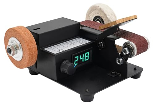 350 W minibandslip med 10 x slipband elektrisk slipmaskin 10 000 varv/min steglös styrning LCD-display stående band- och tallriksslip för metall, aluminium, trä och plast