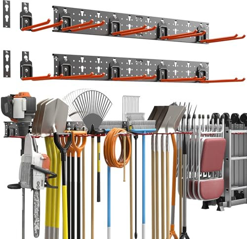 TORACK Garden Tool Organizer Wall Mount, Garage Folding Chair Storage Rack, Tools Rack for Shovels, Rakes, Broom, Ladders, Hooks for Keyhole Style Shelving Unit