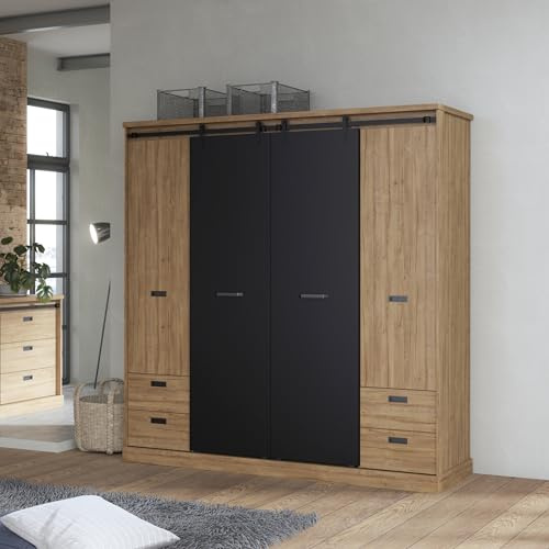 Forte KASZIMIRO Kleiderschrank 205, Schrank im Industrial Stil mit 2 Schiebetüren, 2 Drehtüren, 4 Schubladen, Holzwerkstoff, Waterford Eiche/Schwarz, 203,2 cm breit, 208,4 cm hoch, 61 cm tief