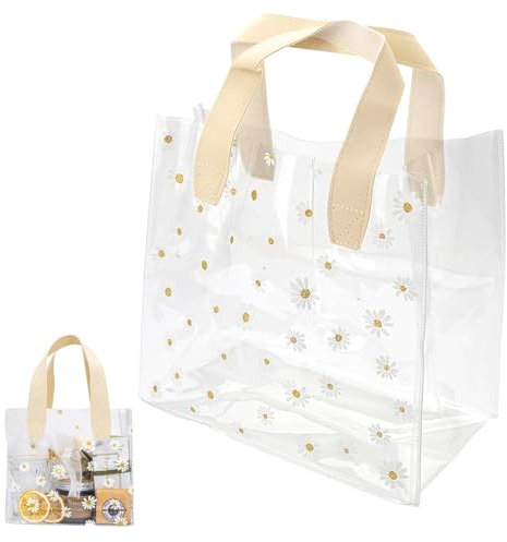 SoeUyd Klare Geschenktüten, Durchsichtige Tasche mit Griffen, PVC Plastik Geschenktüten, Transparente Tasche mit Gänseblümchen-Muster für Hochzeit, Geburtstag und Party