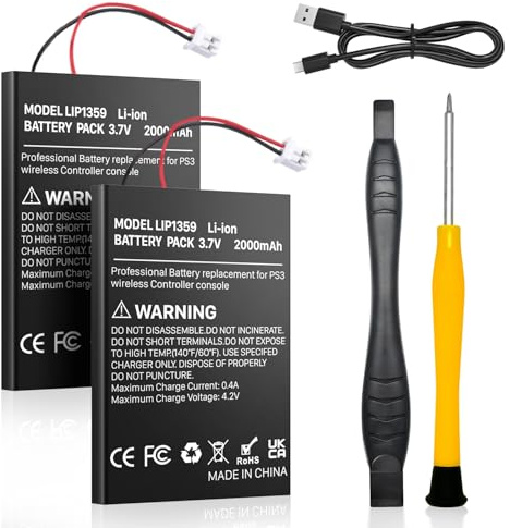 Lot de 2 batteries de rechange 2000 mAh pour manette PS3, haute capacité, LIP1859/LIP1472/LIP1359, pour manette sans fil PlayStation 3 Dualshock 3, avec câble USB + outil