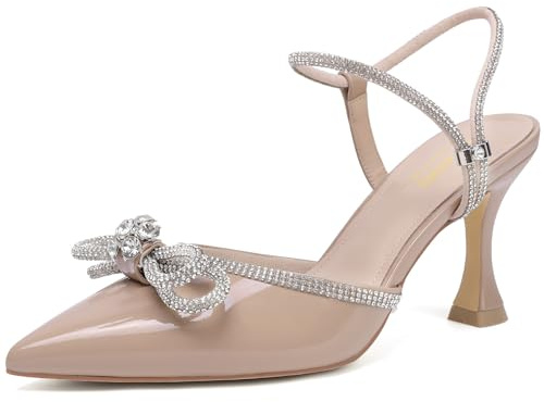 Susanny Nude Heels for Women Closed Toe Pointed Rhinestone Kitten Heeles with Bow Ankle Strap Sexy Pumps Wedding Bride Guest Party Evening Prom Formal Herls Dressy Shoes 9.5