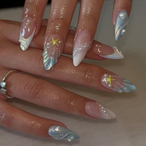 Ceboic 24 Stück Nägel Zum Aufkleben Mandel, 3D Handgefertigte Mittel Falsche Nägel mit Muschel Perlen Design, Blau Weiß French Press on Nails, Acryl Künstliche Fingernägel zum Aufkleben für Frauen