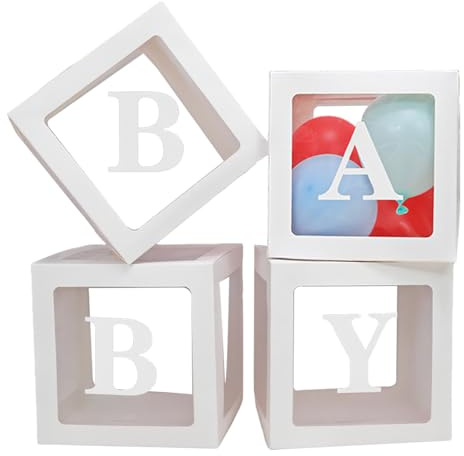 Balloon Boxes, 4PCS Baby Shower Decorations Boxes with 26 Letters A-Z, White Transparent Square Boxes with ‘BABY’ Letters for Boy Girl Baby Shower Birthday Theme Party Decoration
