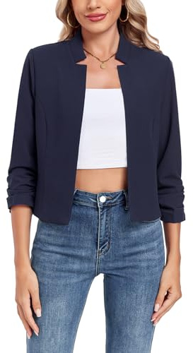 MINTLIMIT Cropped Blazers for Women Open Front Ruched 3/4 Sleeve Jacket Notched Collar Casual Work Office Cardigan Suit Jackets