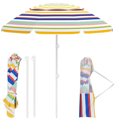 COSTWAY Parasoll strand, 179 cm strandparasoll vindtät stabil, UPF 50+, 30° böjbar, solskydd med markspets och bärväska, trädgårdsparaply för balkong, trädgård och terrass