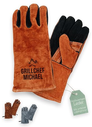ABENTEUERNAH personalisierter Grillhandschuh Leder, Geschenk für Papa den Outdoor Grill und BBQ Barbecue Fan zum Vatertag Geburtstag für den Mann (Grillchef hellbraun, Paar)