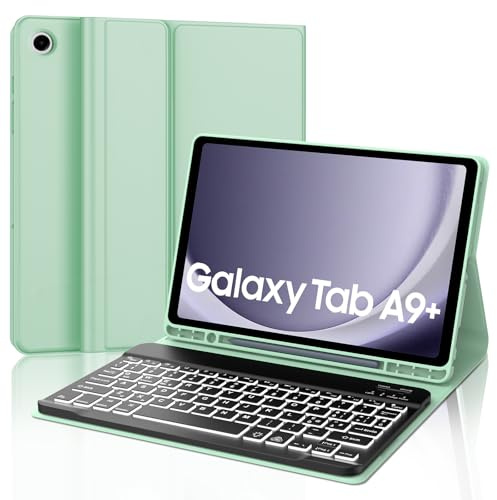 JADEMALL Custodia Tastiera per Samsung Tab A9+ 11, Italiana QWERTY Tastiera Retroilluminata Bluetooth con Portapenne per Tablet Samsung A9 Plus 11, Verde chiaro