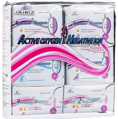 Airiz Sanitary Napkin Set – 98 Count | 60 Daily Liners, 30 Day pad, 8 Night pad | Negative Ion & Oxygen Strip | Ultra Thin, Super Absorbent & Breathable | Natural Feminine Care