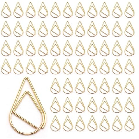 OUDQFCJ 100 Trombones Métalliques Petits Trombones Design Goutte d'Eau pour Papier, Livres, Affiches (Or)