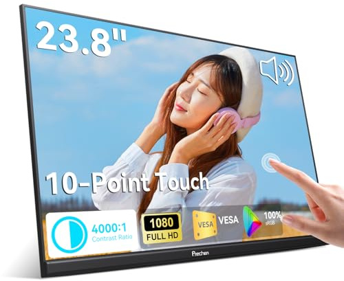23.8 Inch Large Portable Touchscreen Monitor 100% sRGB VA FHD 1080P, 4000:1 Contrast, VESA, Built-in Speaker, W/90°Adjustable Stand USB-C HDMI 75Hz External Touch Screen Display for Laptop/PC/Phone