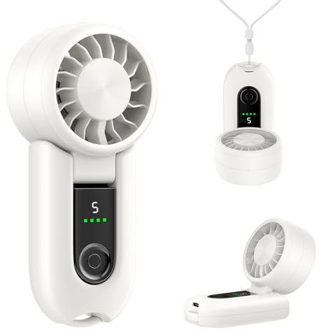 Wasuka Mini Ventilador Portátil de Mano, Ventilador de Mesa Recargable USB con 5 Velocidades, Ventilador Pequeño de Bolsillo Plegable con Pantalla LED para Hogar, Oficina, Viajes y Camping (Blanco)